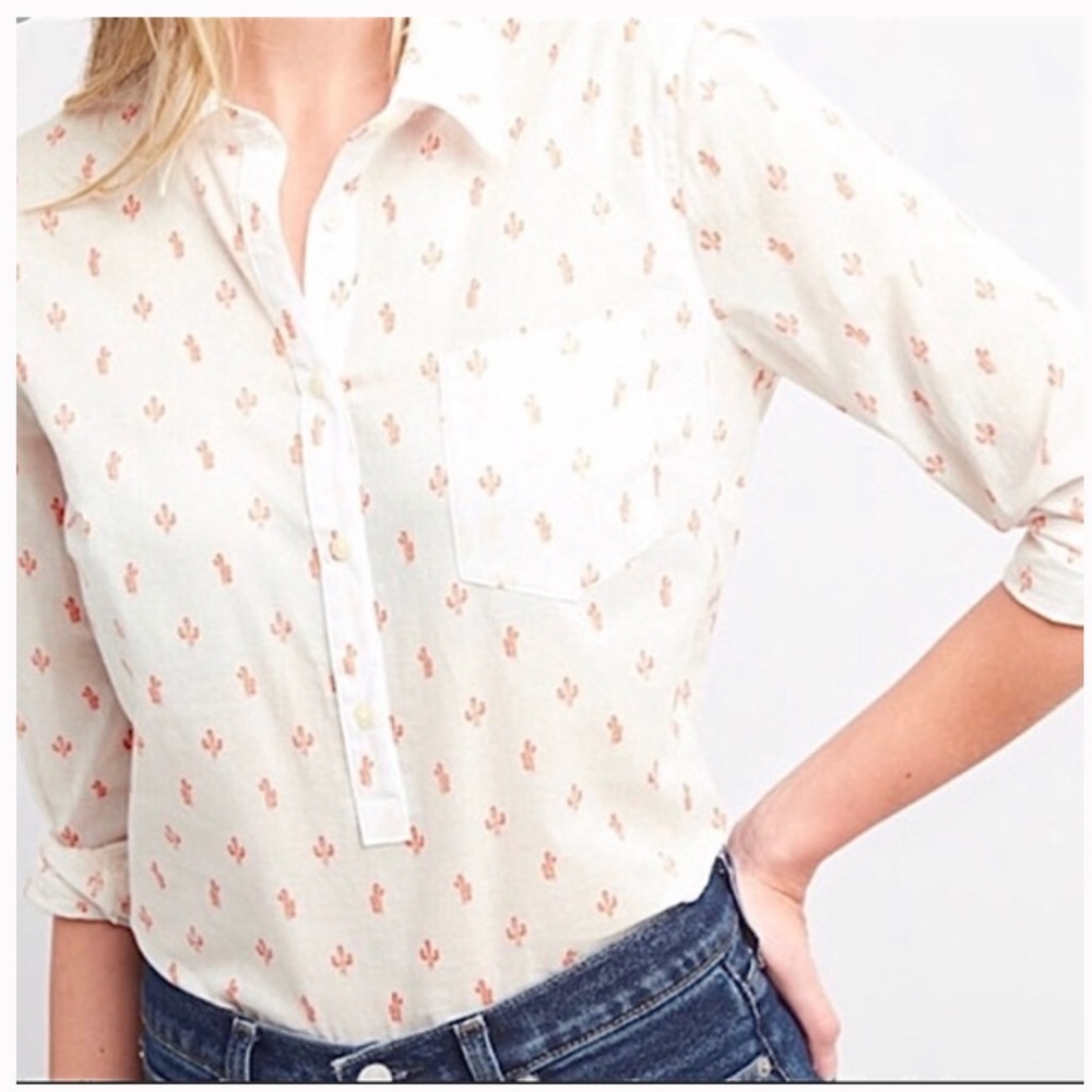 GAP Cactus Print Popover Shirt white 100% cotton womens size large